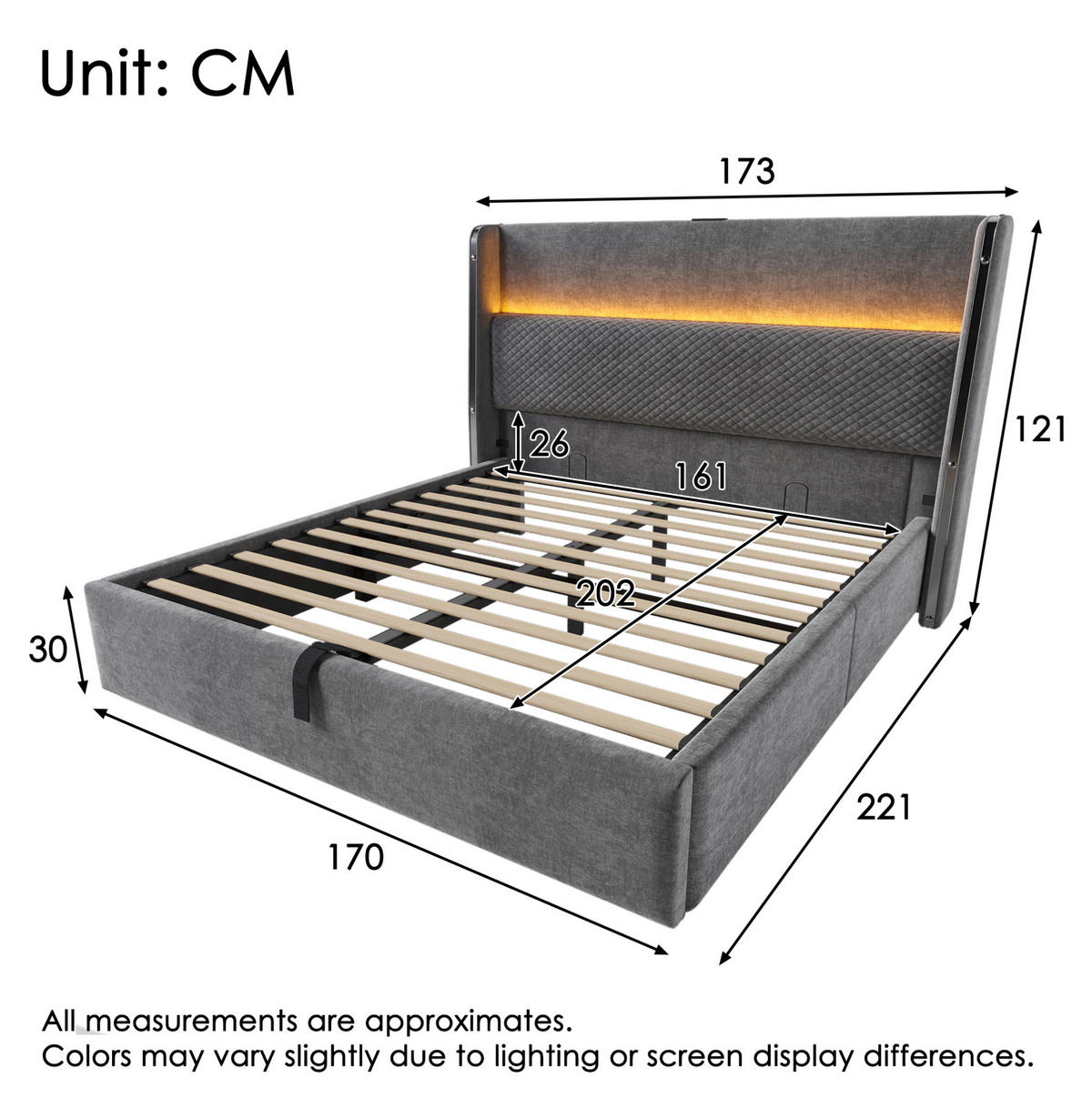 POLSTERBETT 160/200 cm grau aus Leinen mit LED, USB/Type-C und Stauraum inkl. Matratze - Grau, Textil (160/200cm) - OKWISH