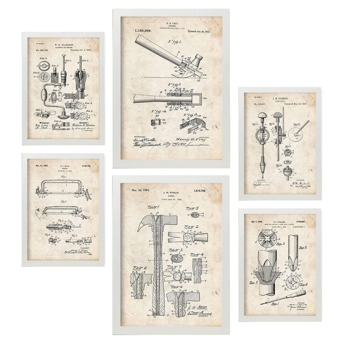 POSTER Set Mit 6 Plakaten Mit Bauwerkzeuge 2 Patenten Im Vintage Stil A3 & A4 Weißer Rahmen - Weiß, Papier (29/3cm) - Nacnic