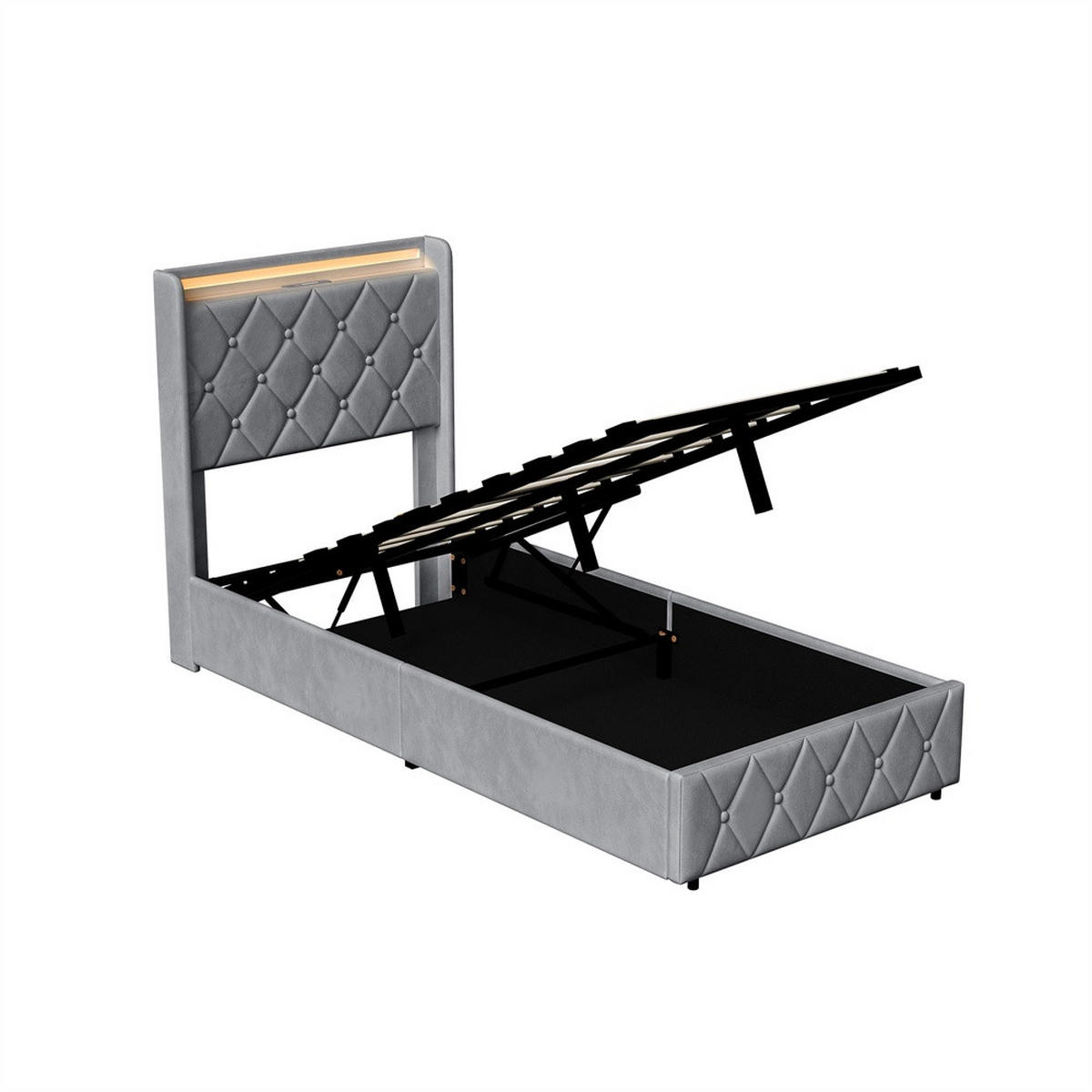 POLSTERBETT 90x200 cm mit hydraulischem Stauraum - Kopfteil Regal & LED - USB - ohne Matratze - Grau - Grau, Textil (90/200cm) - DELFA