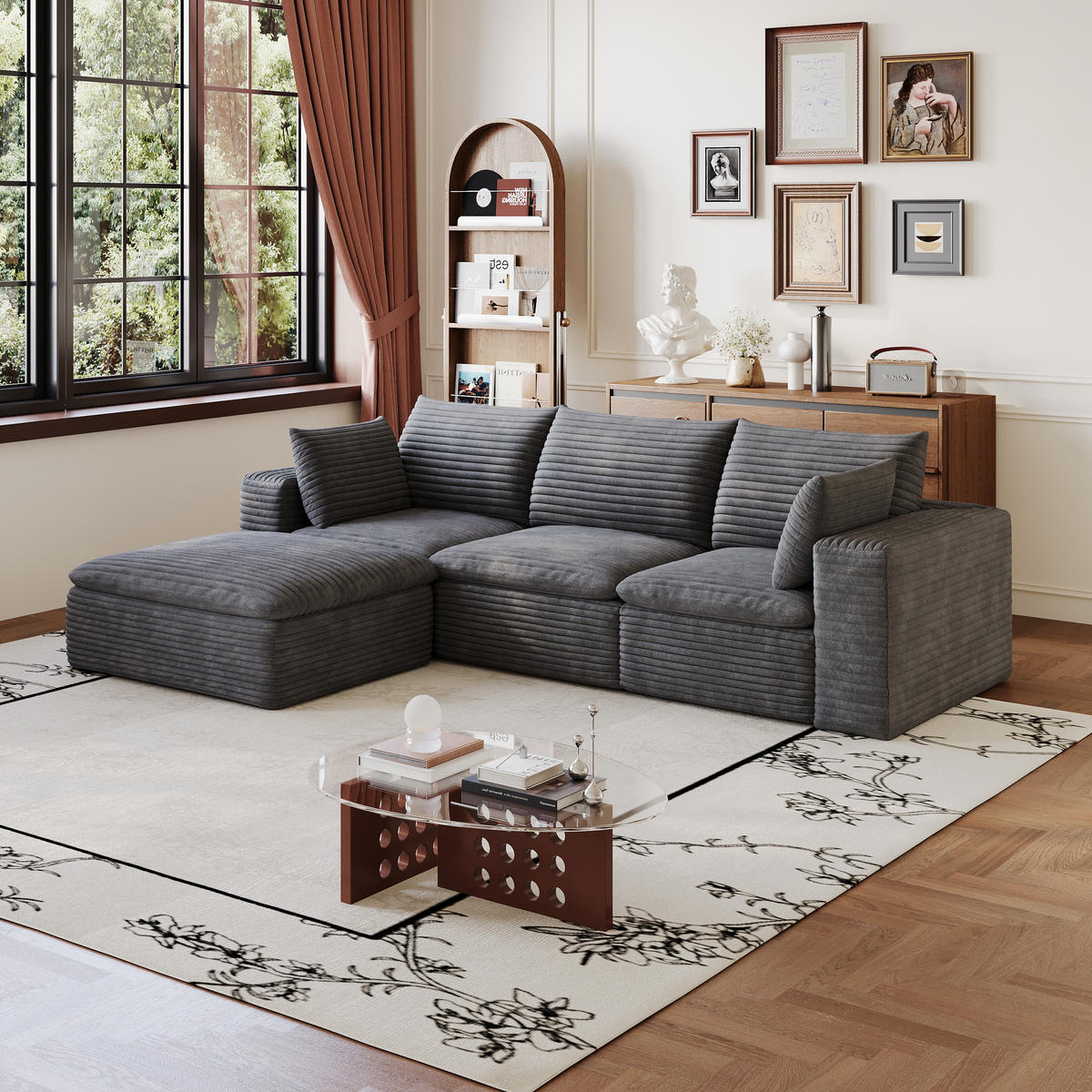 ECKSOFA DE-34773 3-Sitzer mit ottomane Dunkelgrau - Dunkelgrau, Textil (160/260cm) - ComfortXL