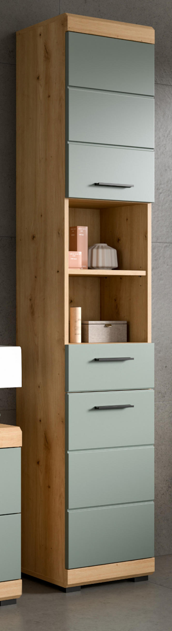 HOCHSCHRANK Salbei grün, Eiche Artisan 37 cm, Badschrank mit 6 Fächern - Salbeigrün/Schwarz, Holzwerkstoff/Kunststoff (37/191/31cm) - Inn.Furn