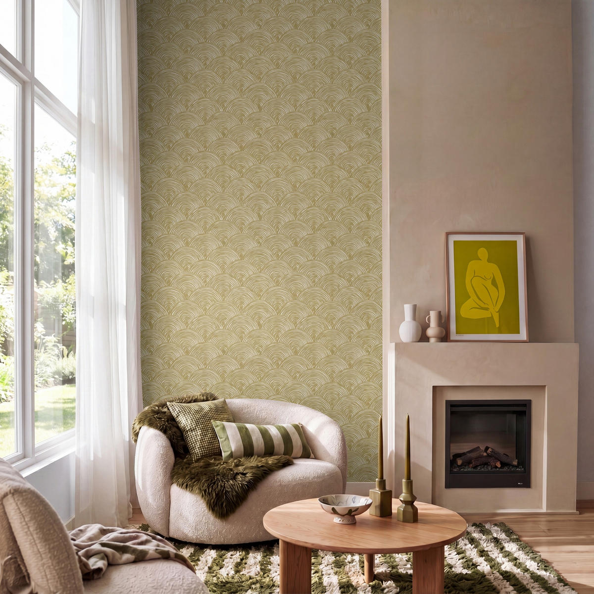 TAPETE - Fächer - Geometrisch - Grün - 120x240 cm - Goldfarben, Papier (120/240cm) - OnlyWow