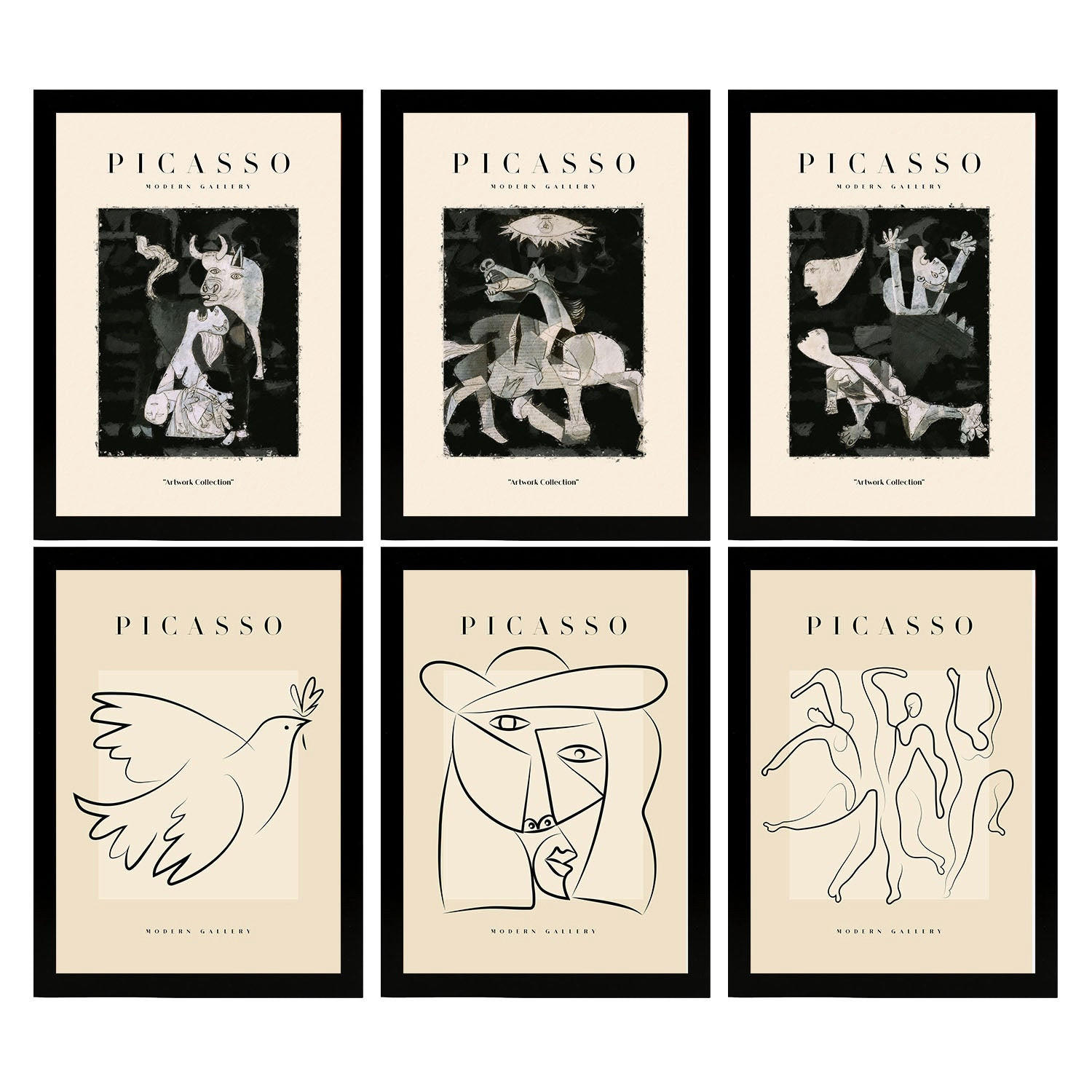 POSTER Set Mit 6 Illustrationen Von Pablo Picasso Schwarz Weiss A3 Schwarzer Rahmen - Schwarz, Papier (29/3cm) - Nacnic