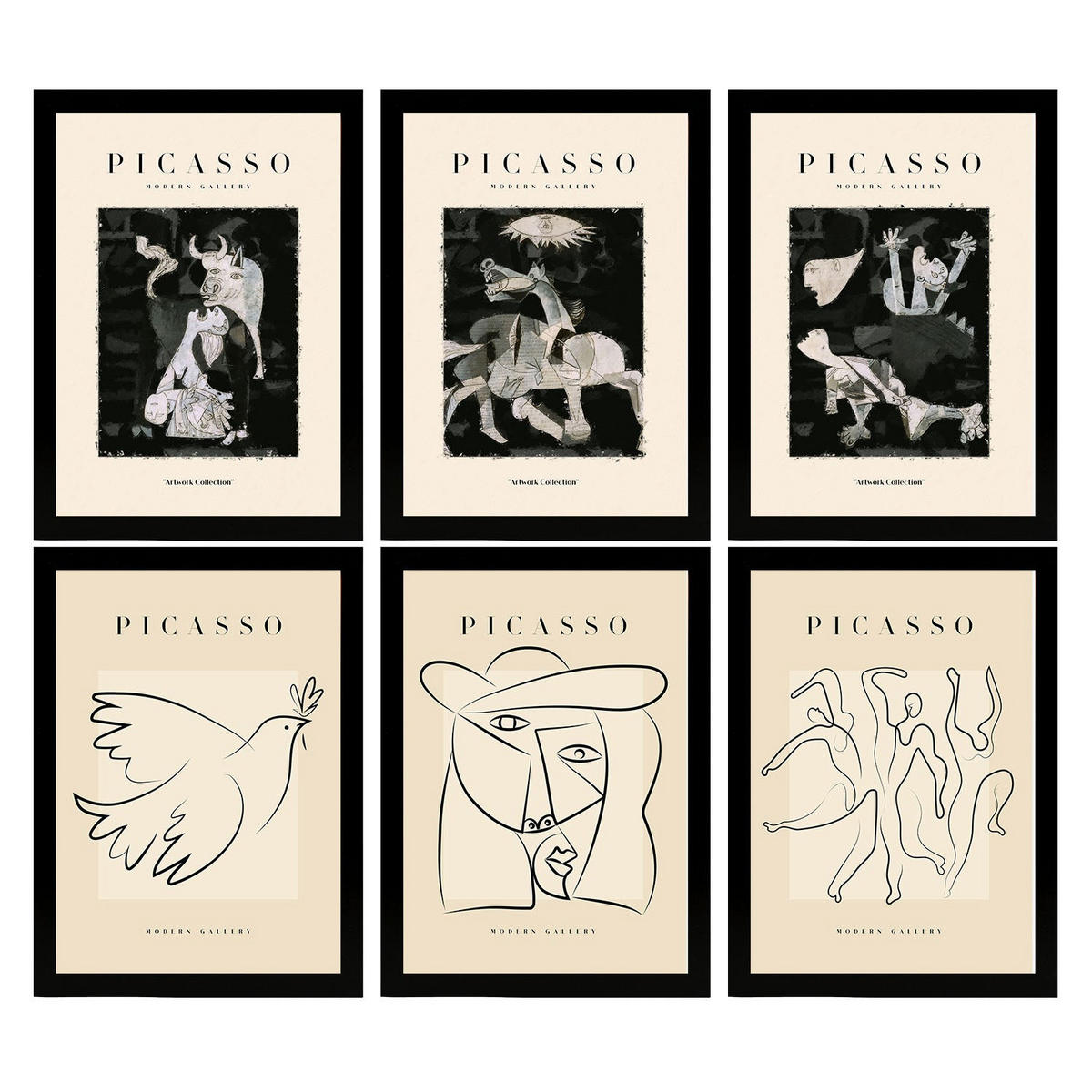 POSTER Set Mit 6 Illustrationen Von Pablo Picasso Schwarz Weiss A3 Schwarzer Rahmen - Schwarz, Papier (29/3cm) - Nacnic