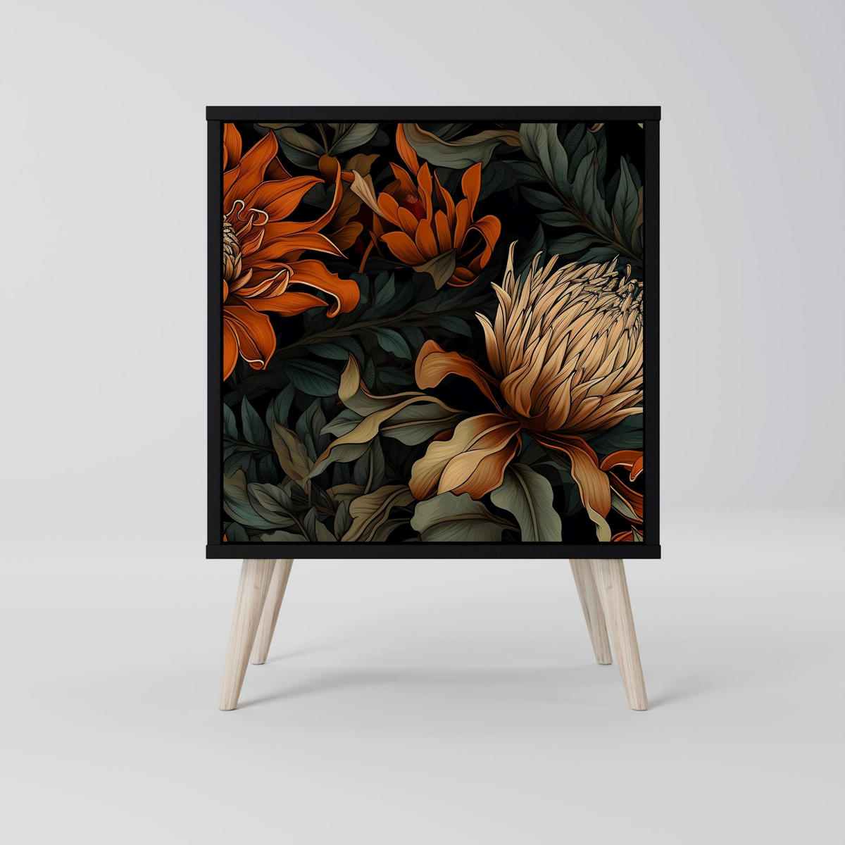 SIDEBOARD DAWN BLOOM, Schwarz, 57,5x42x75,5 cm, Goldfarbene Metallfüße - Goldfarben/Multicolor, Holzwerkstoff/Metall (57.5/75.5/42cm) - SpaceRebels