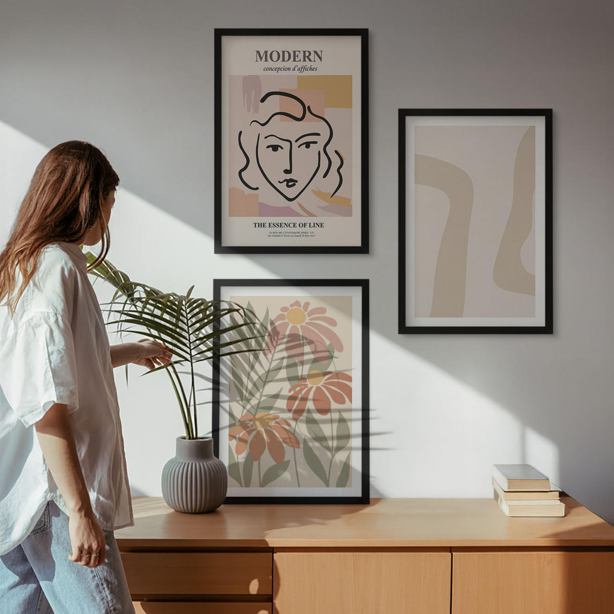 BILDER SET 3er Set - 40x60 cm Schwarzer Rahmen - Moderne abstrakte Frau - Schwarz, Kunststoff (40/60cm) - TULUP