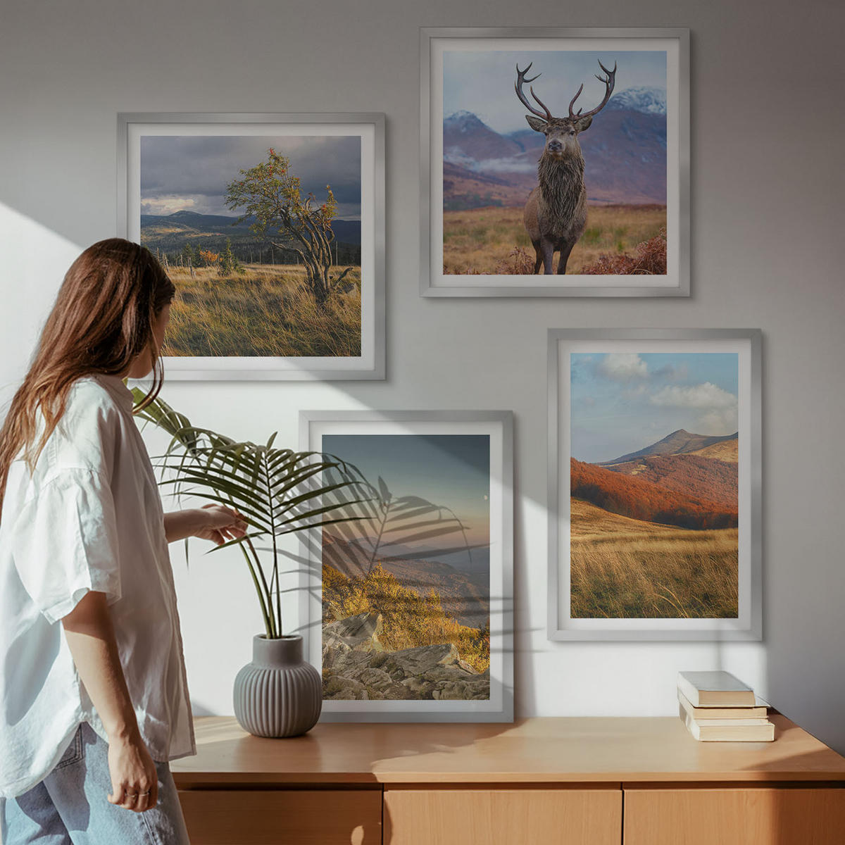 BILDER SET 4er Set - 50x50 cm & 40x60 cm Silberner Rahmen - Berglandschaften, Hirschgras - Silberfarben, Kunststoff (50/50cm) - TULUP