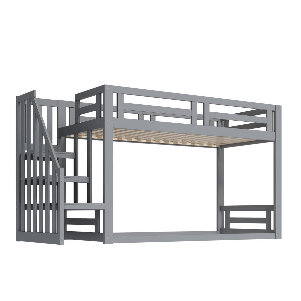 ETAGENBETT 90/200 cm Grau Niedriges Kinderbett mit Sicherheitsleiter aus Massivholz - Grau, Holz (90/200cm) - OKWISH