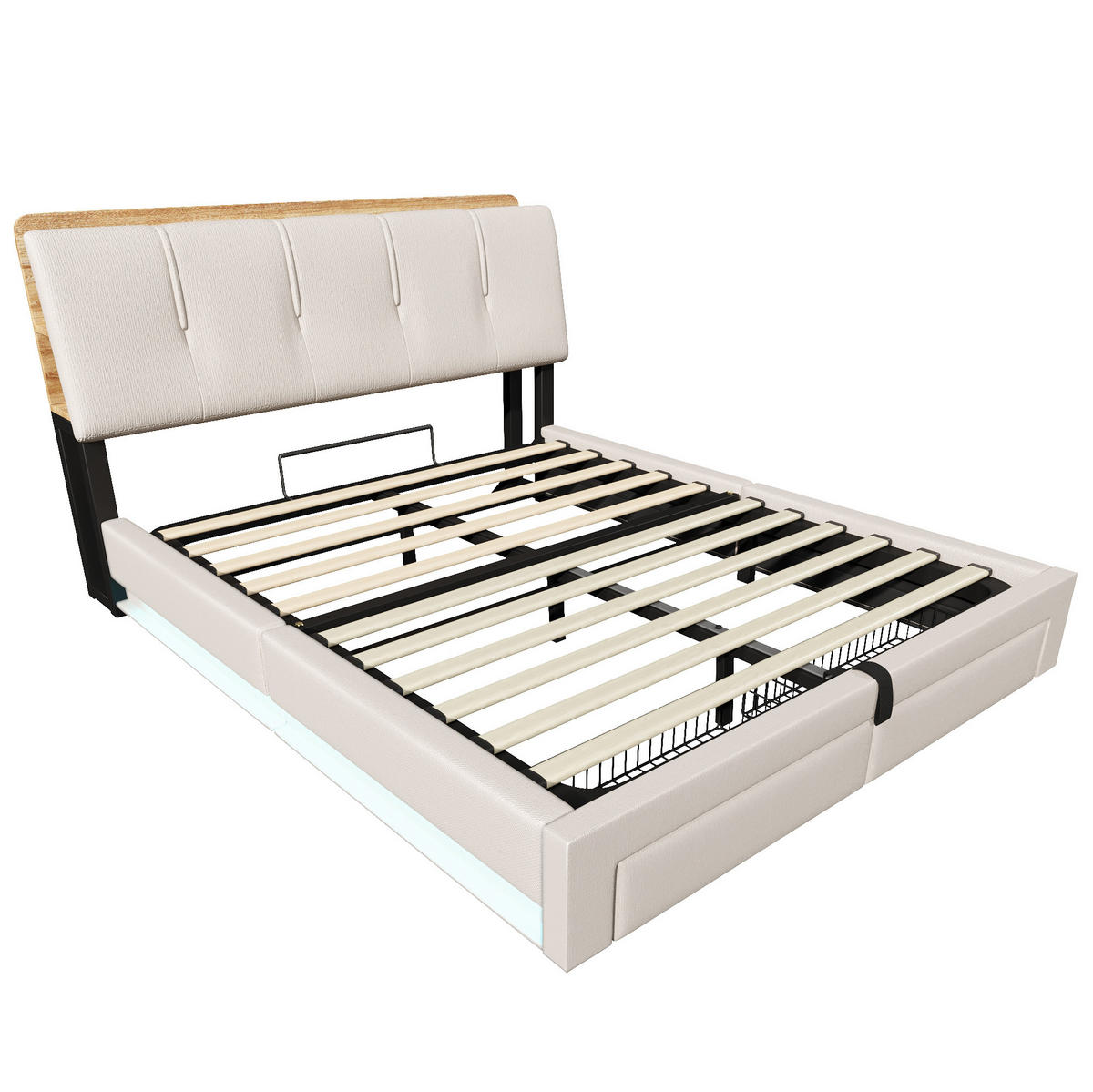 POLSTERBETT 140/200 cm Beige mit LED-Beleuchtung, USB- und USB-C-Anschluss, hydraulischem Bettkasten und Schubladen - Beige, Textil (140/200cm) - OKMYHOME