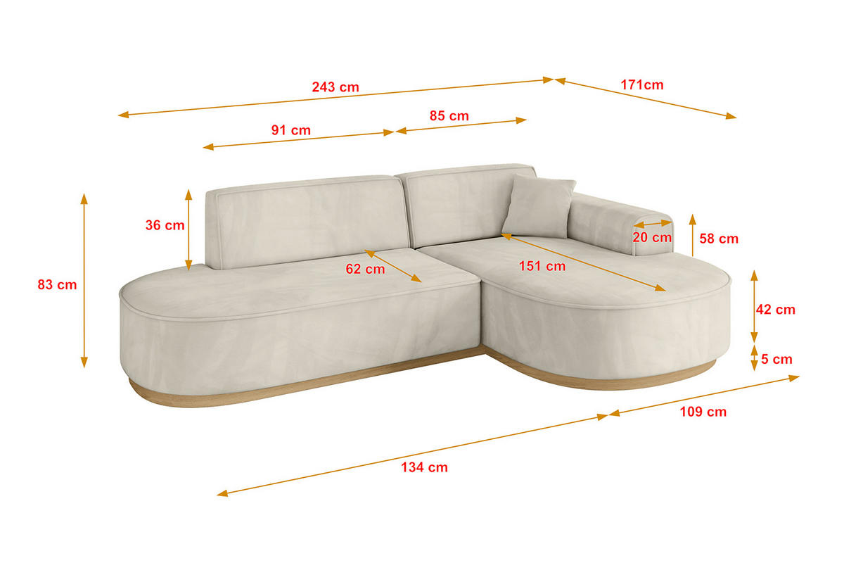 ECKSOFA Ottomane Rechts MARI-L1-v2 - 243x171x83 cm Ecru Velours - Ecru, Holzwerkstoff/Textil (171/243cm) - ALTDECOR