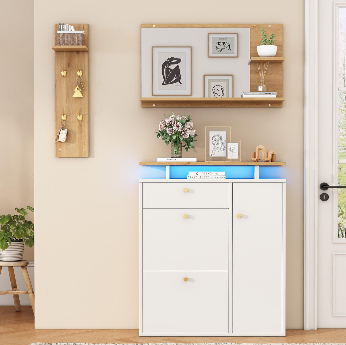 GARDEROBENSET 105/25/151,5 cm mit LED-Beleuchtung, Spiegel, Schuhschrank und 4 Haken aus Spanplatte, Weiß - Weiß, Holzwerkstoff (105/151.5/25cm) - Redom