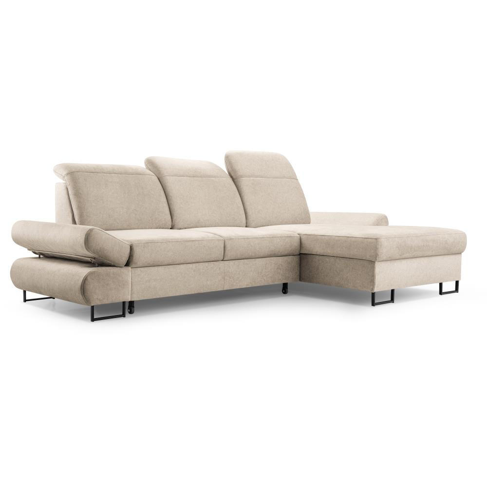 ECKSCHLAFSOFA Karo mit verstellbaren Kopfstützen Beige rechts - Beige/Schwarz, Textil/Metall (265/156cm) - Beautysofa