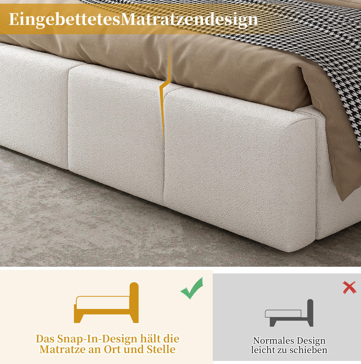POLSTERBETT 180/200 cm mit Lattenrost, gepolstertem Kopfteil und Bouclé-Bezug, Beige - Beige, Textil (180/200cm) - Redom