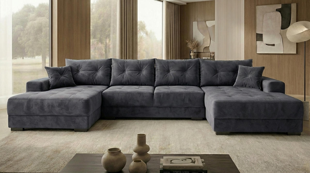 ECKSOFA MODENA 320 cm x 185 cm – Stoff: VELUTTO Anthracite 18 Farbe: Dunkelgrau - Dunkelgrau, Textil (320/185cm) - A&J MöbelLand