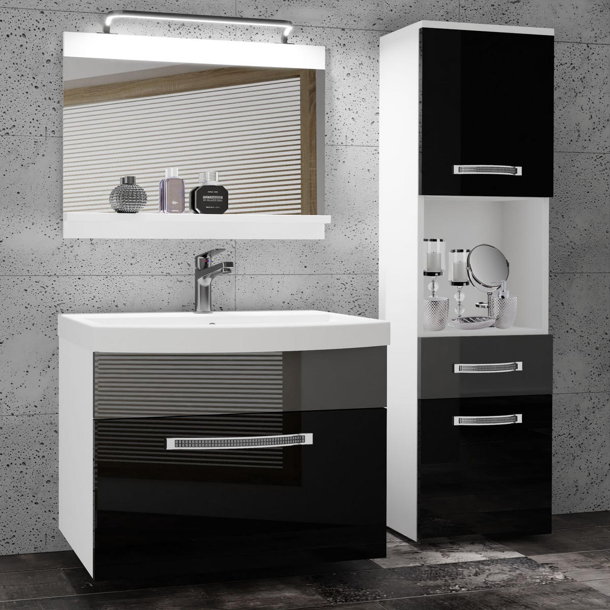 BADMÖBEL Badezimmer Schwarz Silber Glänzend - Silberfarben/Schwarz, Holz (100/113/40cm) - B BELINI GROUP