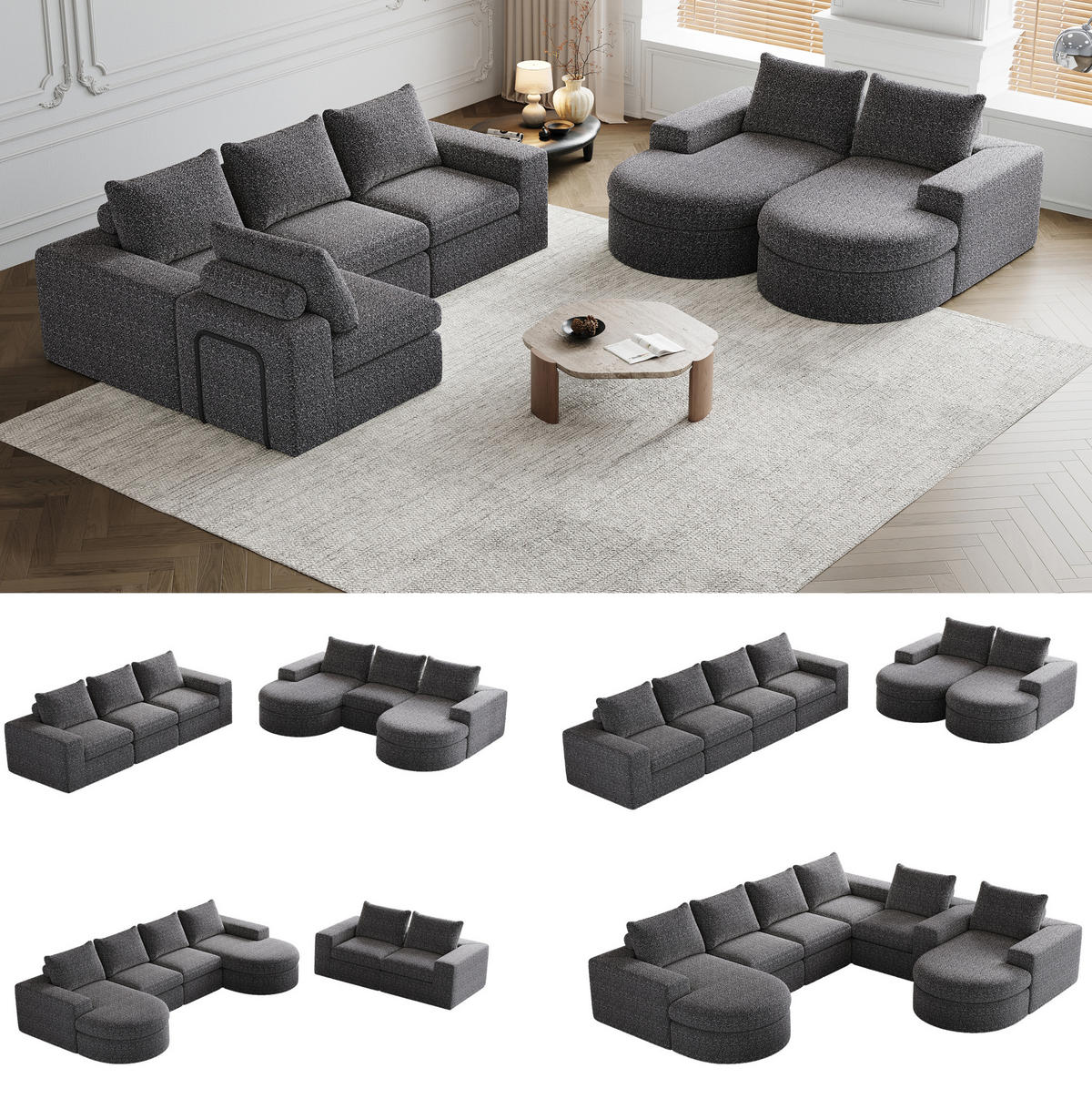 ECKSOFA 250/160/80 cm Sofa grau aus Chenille mit Chaiselongue und Nackenkissen - Grau, Textil (160/250cm) - OKWISH