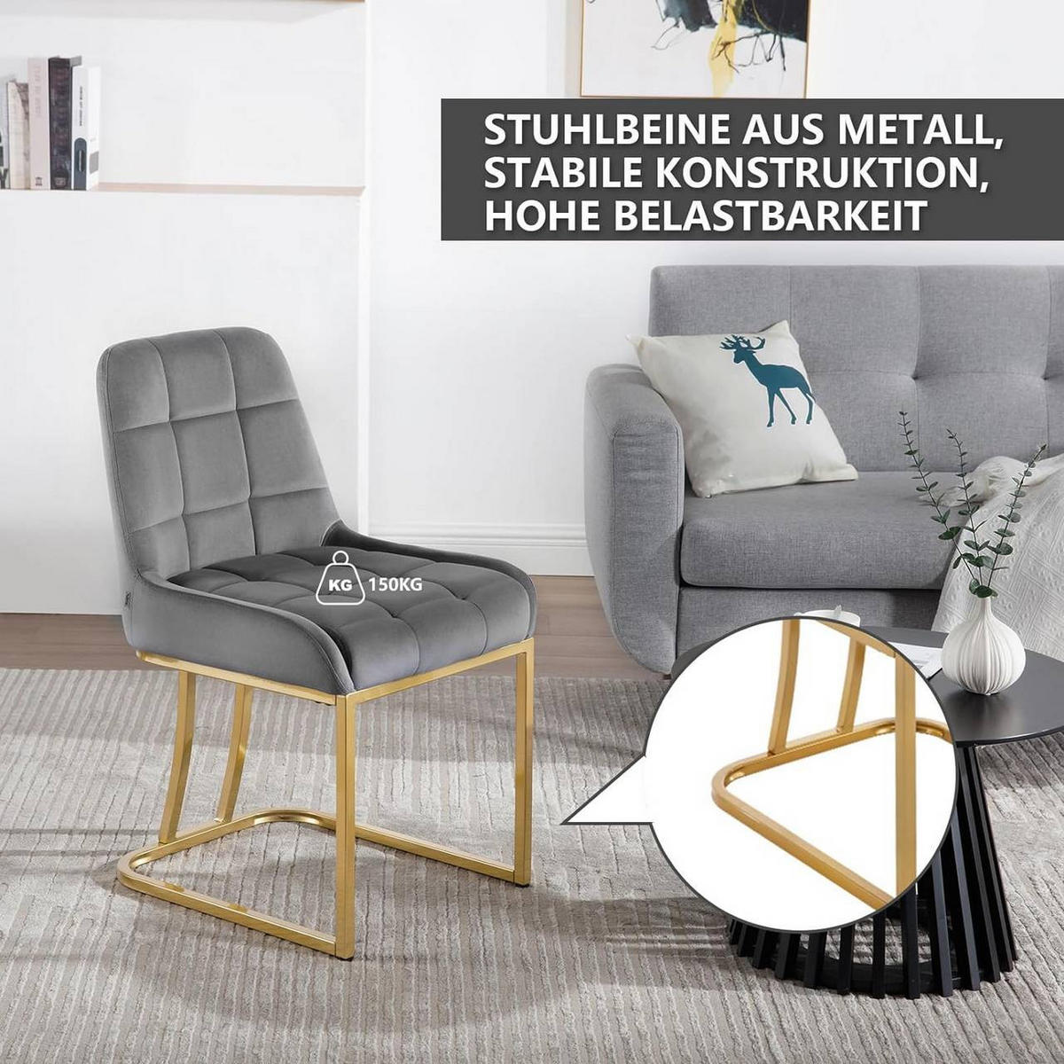 ESSZIMMERSTUHL 6er Set Beine in Bogenform, Samt, Dunkelgrau - Dunkelgrau/Goldfarben, Kunststoff/Textil (47.5/84/57.5cm) - Woltu