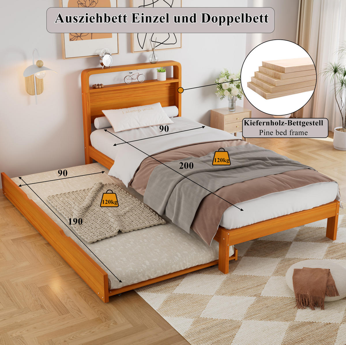 FUNKTIONSBETT aus Kiefer 90x200 cm Natur mit Ausziehbett 90x190 cm - Naturfarben, Holz (90/200cm) - IVMEU