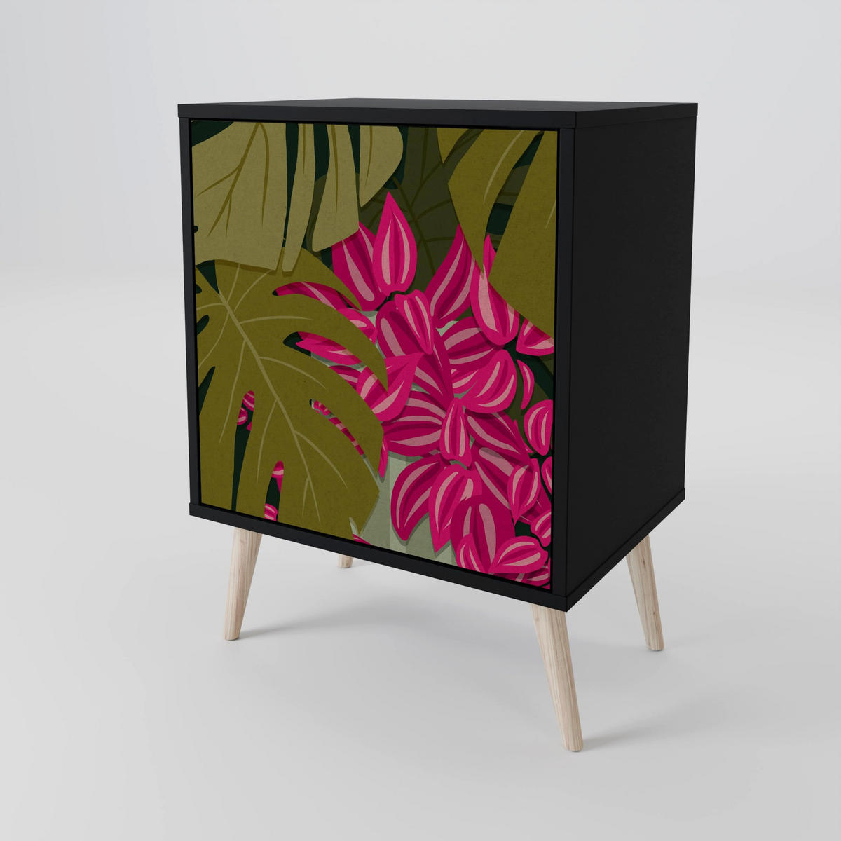 SIDEBOARD TROPICAL BEAUTY, Schwarz, 57,5x42x72,5 cm, Schwarze Metallfüße - Multicolor/Schwarz, Holzwerkstoff/Metall (57.5/72.5/42cm) - SpaceRebels