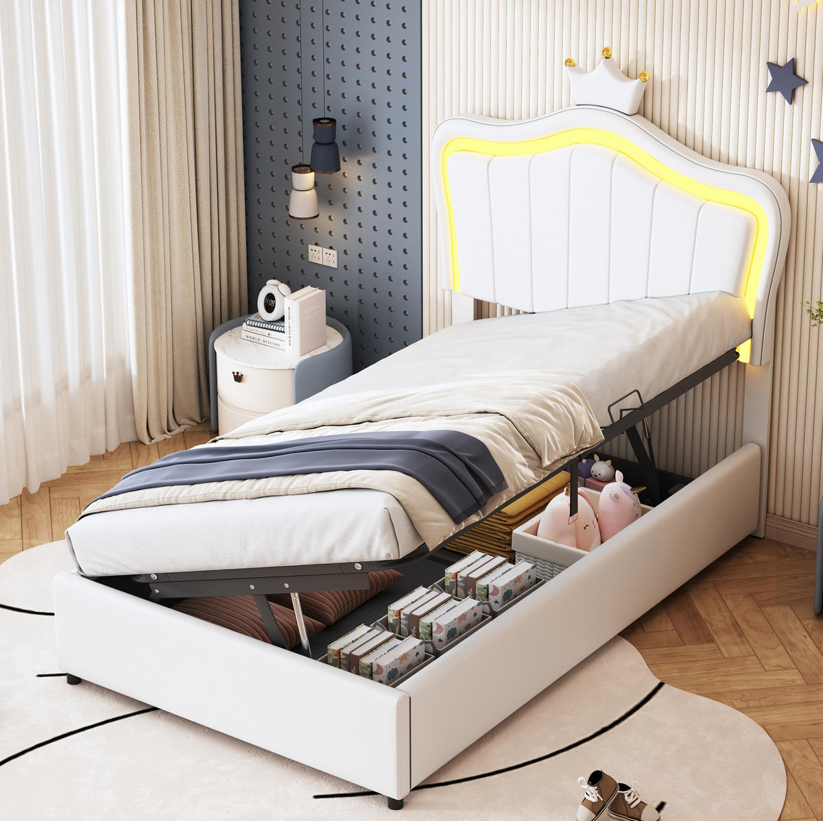 KINDERBETT Polsterbett 90/200 cm aus Kunstleder mit LED-Beleuchtung und hydraulischem Stauraum Weiß - Weiß, Holzwerkstoff (90/200cm) - Modenvie