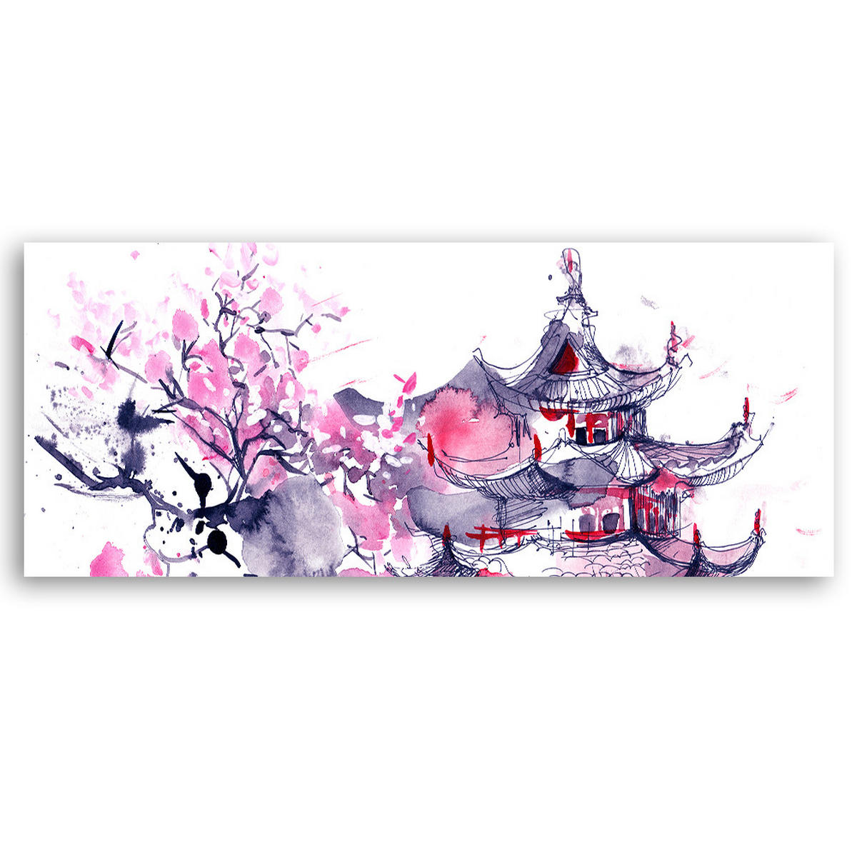 WANDBILD japanische pagode aquarell - Pink, Textil (90/30cm) - Feeby