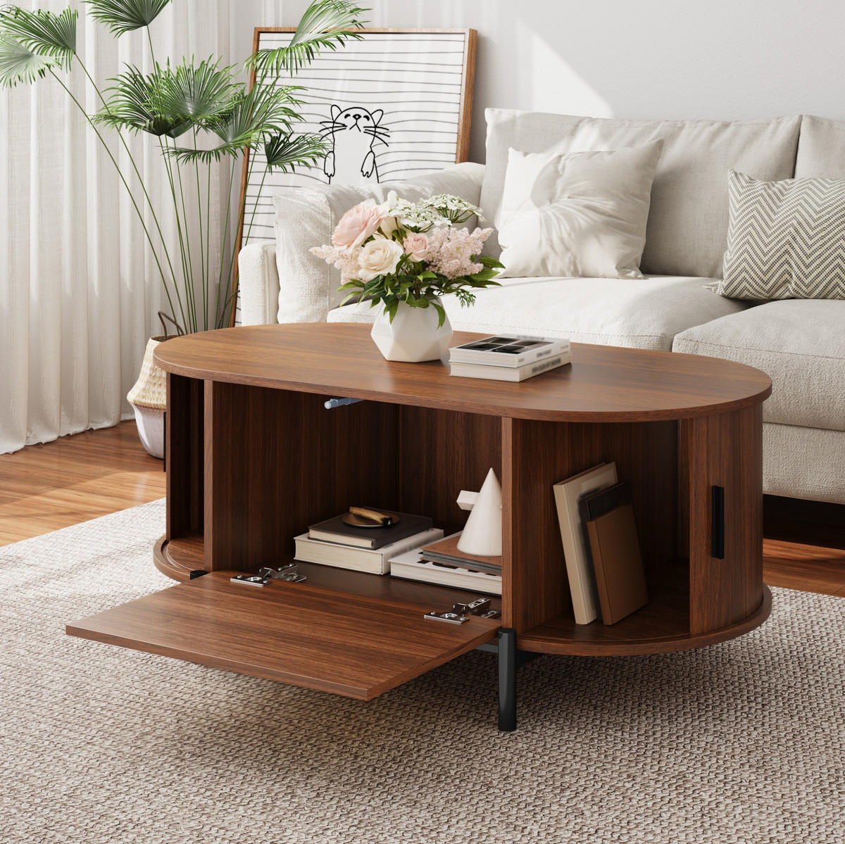 COUCHTISCH oval mit Stauraum 100 x 50 cm Holzoptik Rattan - Braun, Holz (100/50/40cm) - Meubliv