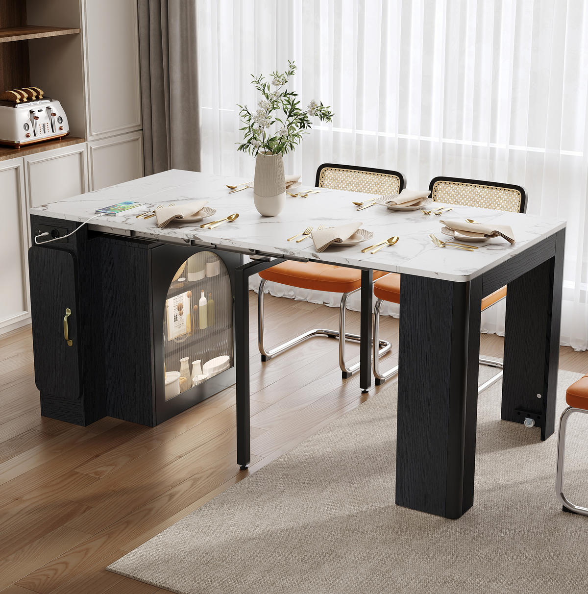 KÜCHENINSEL 83/39,6-149,6/77 cm in Weiß/Schwarz mit LED und USB- und Type-C-Anschlüssen - Schwarz, Holzwerkstoff (83/77/39.6cm) - Flora Grace