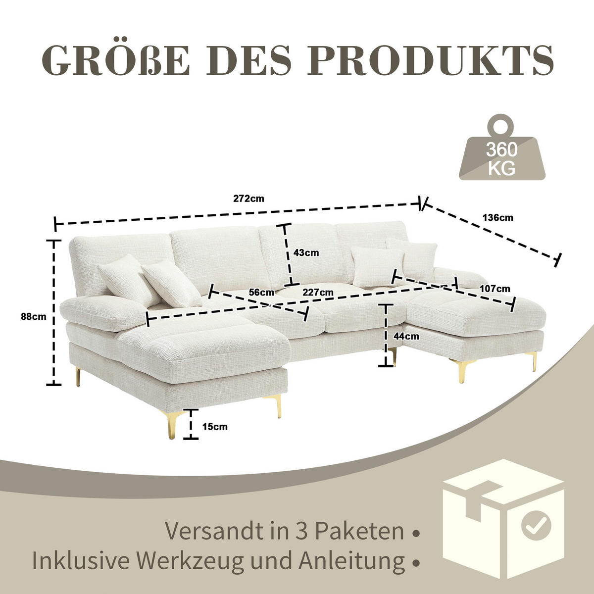 WOHNLANDSCHAFT U-Form Chenille mit 2 Liegeflächen 272/136/88 cm Beige - Beige, Textil/Metall (136/88/272cm) - Redom