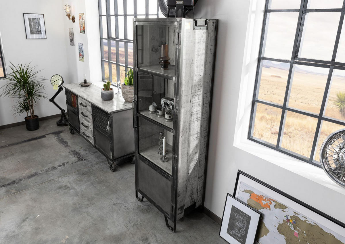 VITRINE Mango 60x40x180 grau lackiert HEAVY INDUSTRY #140 - Grau, Holz (60/180/40cm) - Massivmoebel24