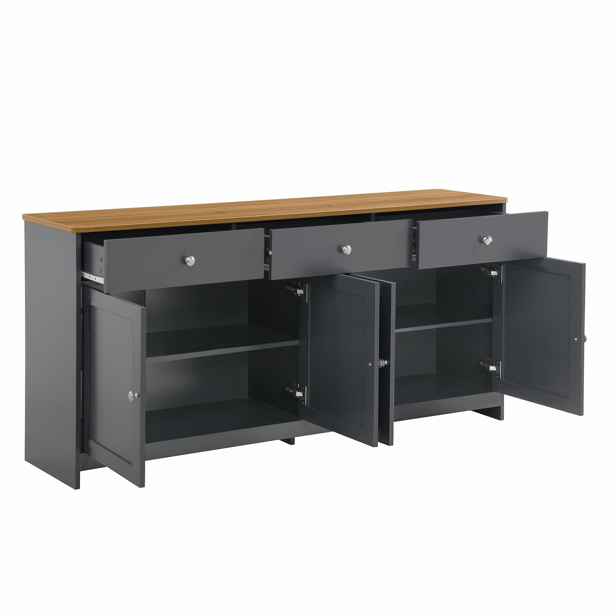 IN Grau Kommode mit Holzmaserung, 4 Türen und 3 Schubladen für Wohnzimmer und Esszimmer, B160/T37/H75cm - Schwarz/Grau, Holzwerkstoff/Metall (160/75/37cm) - STILVORA