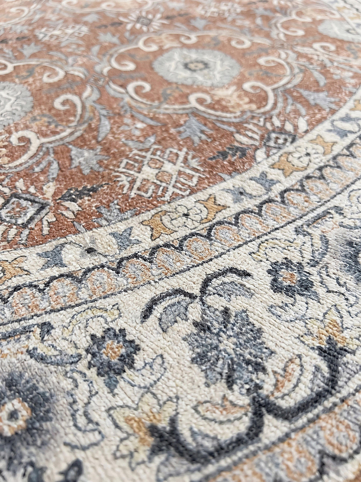 TEPPICH Kurzflor, waschbar, mit floralen Ornamenten, VERNANTE in Terrakotta-Creme, Ø 120 cm - Rot, Textil (120/120cm) - KADIMA DESIGN