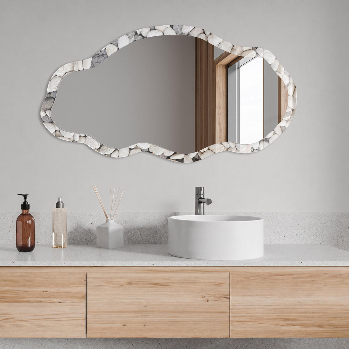 SPIEGEL 90x45 cm asymmetrisch mit Druck - Steinmosaik - Transparent, Glas (45/90/0.4cm) - TULUP