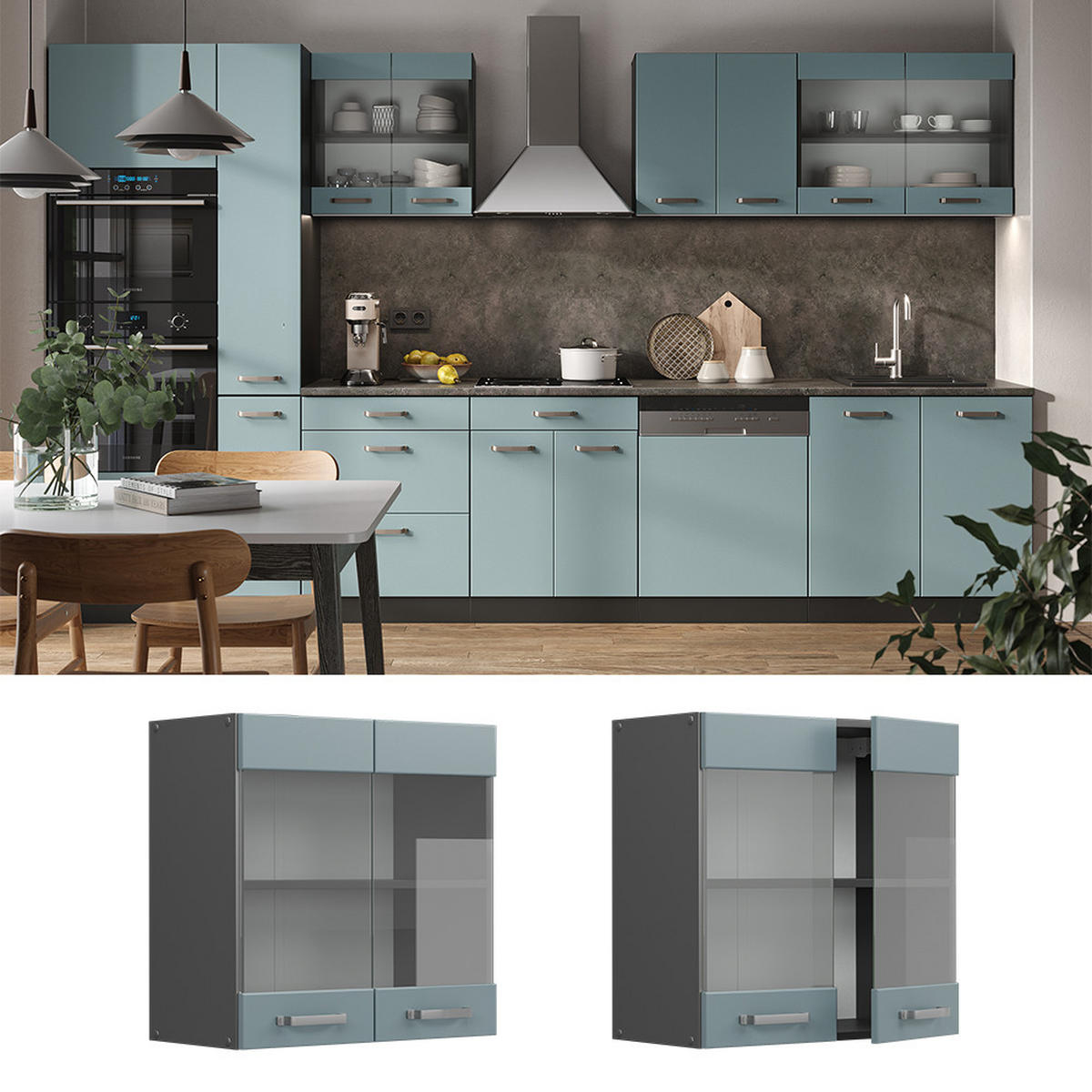 KÜCHENGLASSCHRANK R-Line Blau-Grau 60 cm - Anthrazit/Blaugrau, Holzwerkstoff (60/60/31cm) - Vicco