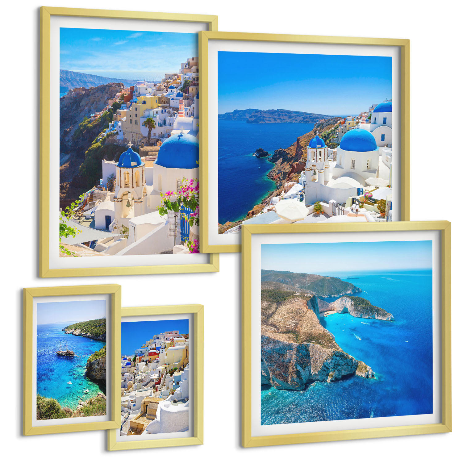 BILDER SET 5er Set - 50x50 cm & 20x30 cm & 40x60 cm Goldrahmen - Architekturlandschaft Oia Santorin Griechenland - Goldfarben, Kunststoff (40/60cm) - TULUP