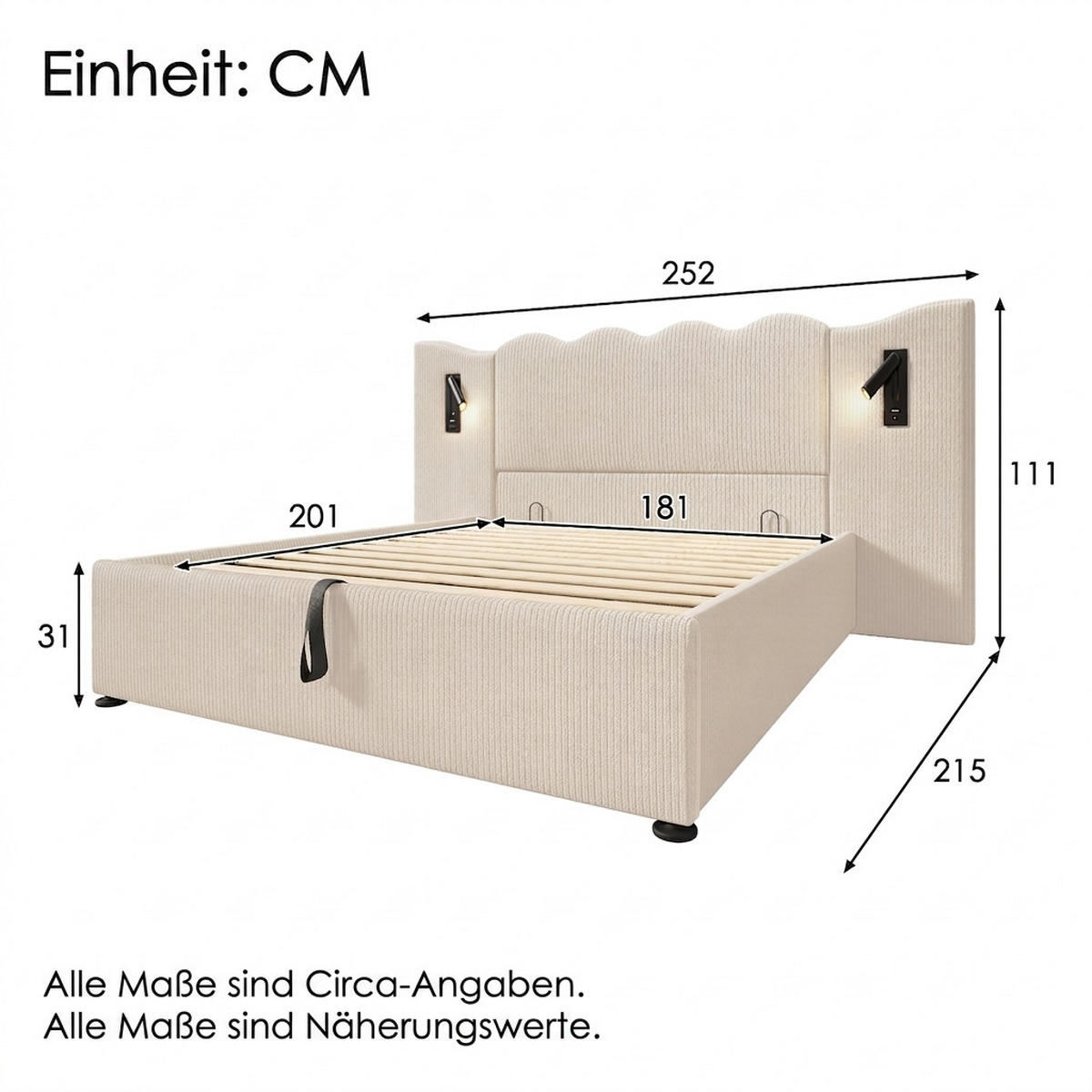 POLSTERBETT 180/200 cm Beige Cord mit Leselampe und USB Type-C Ladefunktion - Beige, Textil (180/200cm) - Oxeza