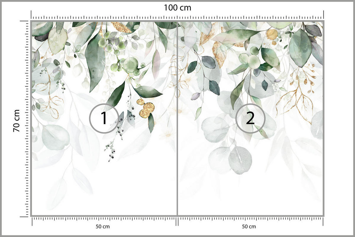 FOTOTAPETE Aquarell Blätter Pflanzen Natur 100x70 - Gelb/Beige, Papier (100/70cm) - Muralo