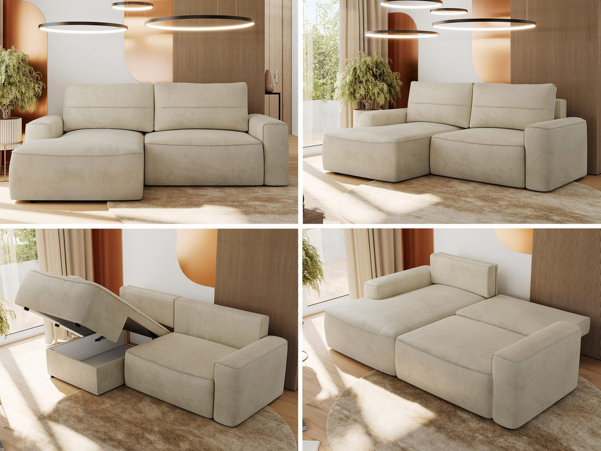ECKSOFA BELLUNO L Beige Velvet - Links - Beige/Schwarz, Textil (144/233cm) - MKS