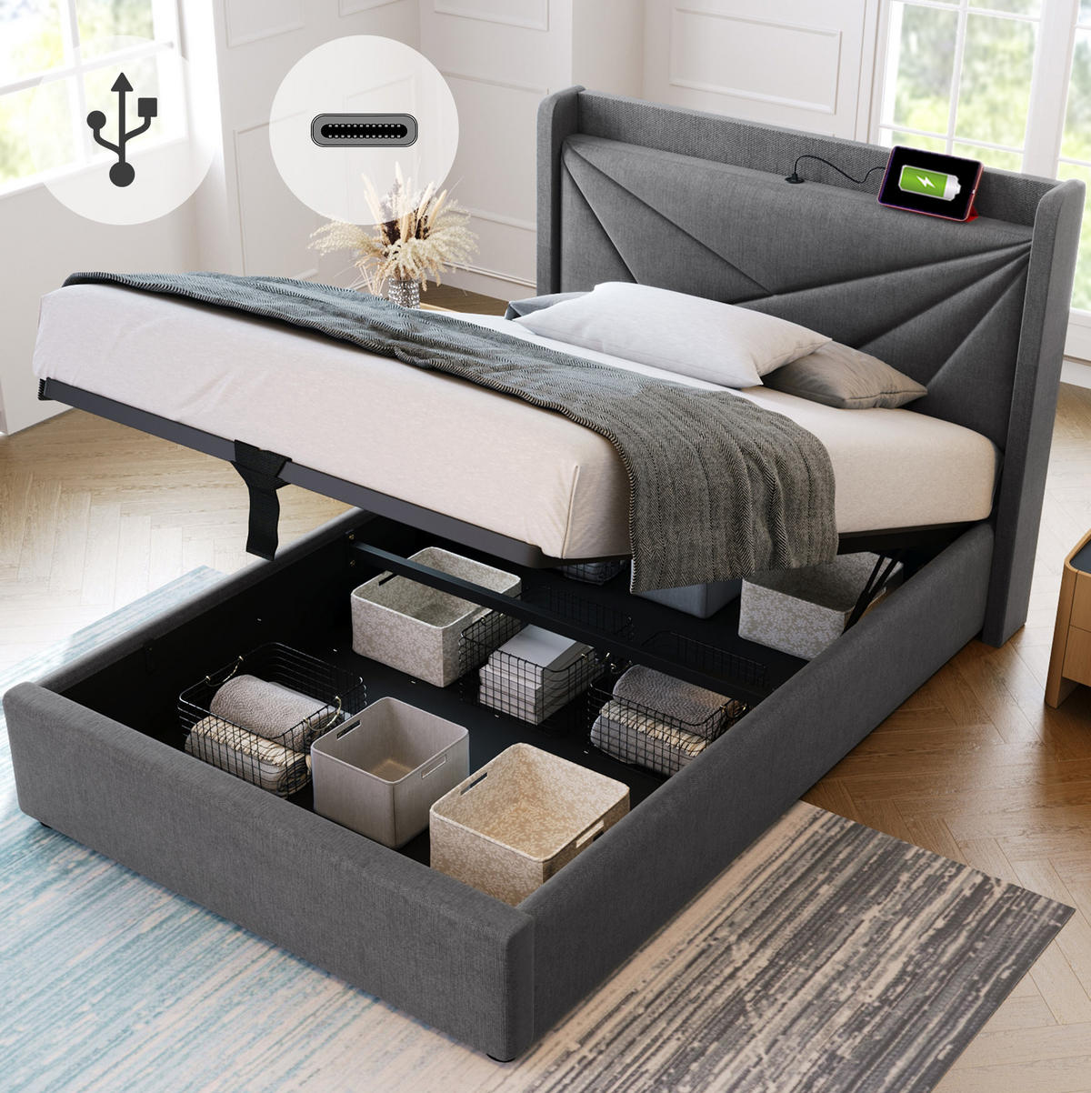 POLSTERBETT 90/200 cm Grau aus Baumwolle und Leinen mit Bettkasten und USB-Typ-C - Grau, Textil (90/200cm) - OKMYHOME