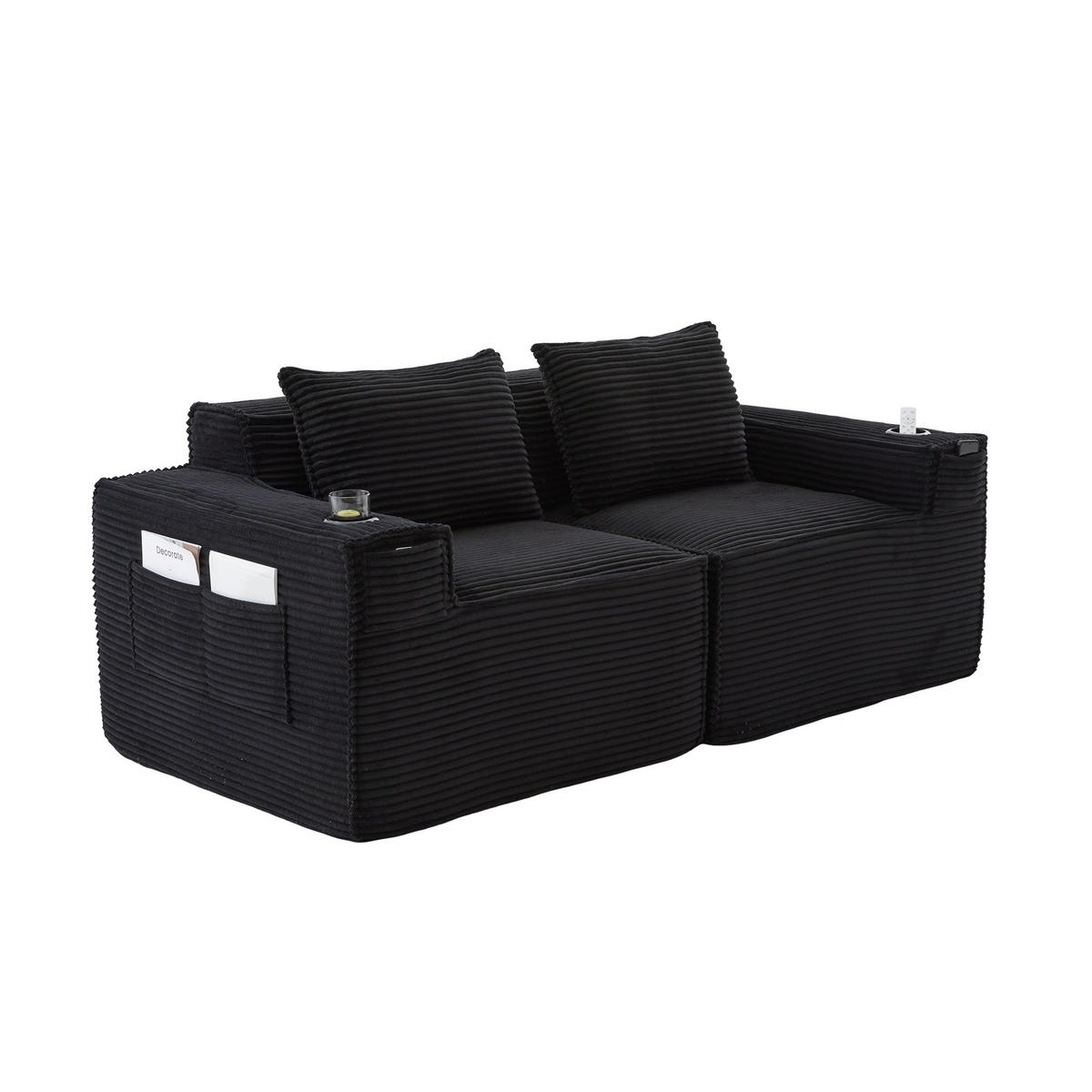 2-SITZER-SOFA DE-33835 modular mit Getränkehaltern Schwarz - Schwarz, Textil (188/75/90cm) - ComfortXL