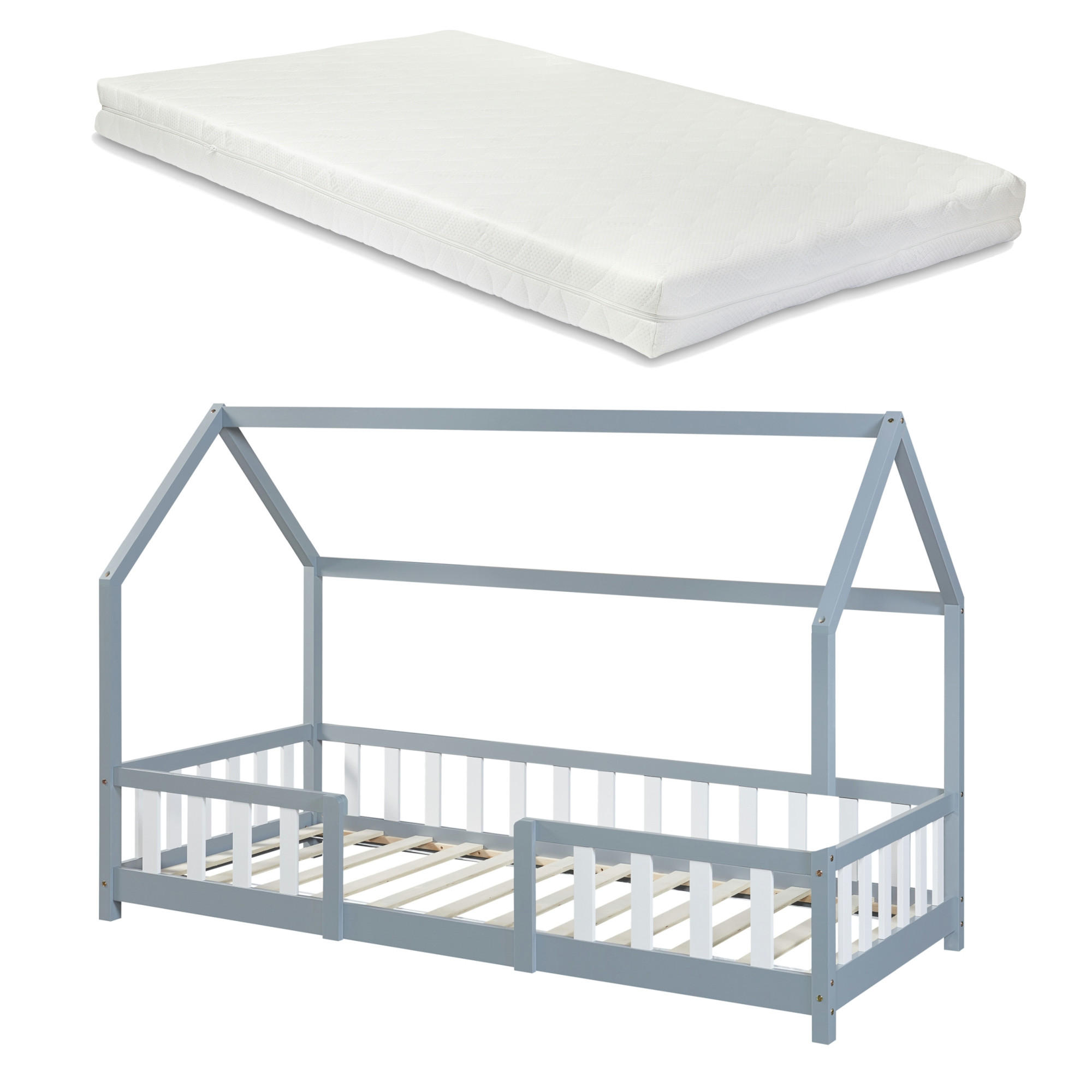 HAUSBETT Sisimiut mit Matratze - Hellgrau/Weiß, Holz/Textil (90/200cm) - [en.casa]