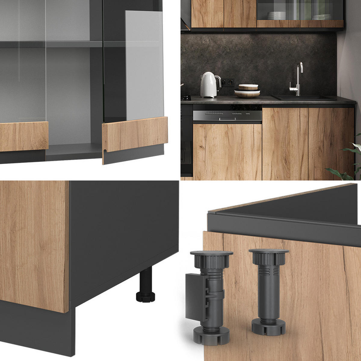KÜCHENZEILE R-Line Goldkraft Eiche/Anthrazit 300 cm J-Shape - Honigeiche/Anthrazit, Holzwerkstoff (300/81.6/46cm) - Vicco