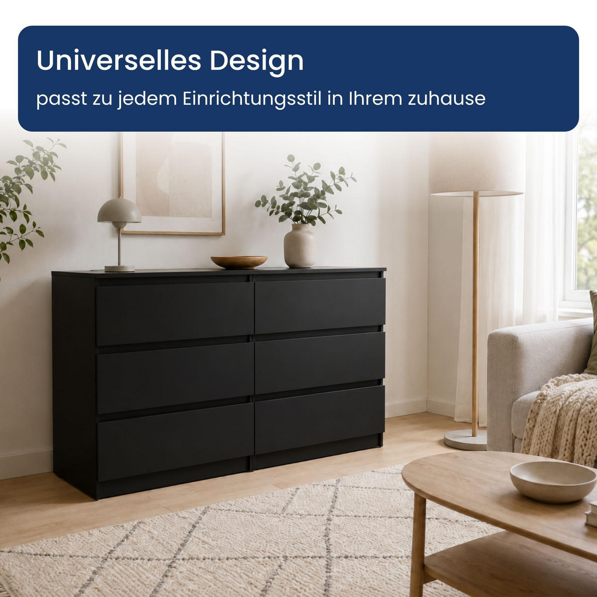 KOMMODE mit fünf Schubladen in Schwarz - Schwarz, Holzwerkstoff (120/77/40cm) - Home Collective