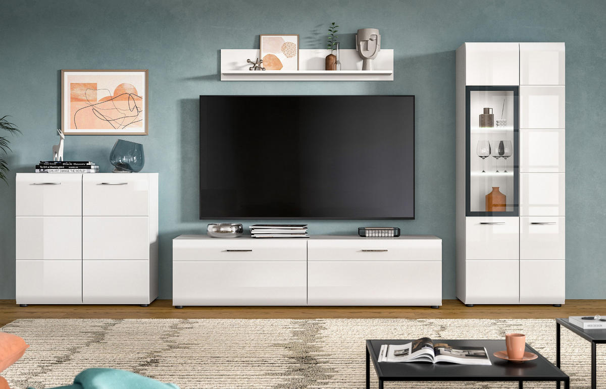 WOHNWAND weiß Hochglanz 4-teilig 330 cm, Schrankwand mit viel Stauraum - Weiß Hochglanz/Silberfarben, Glas/Holzwerkstoff (330/160/41cm) - Inn.Furn