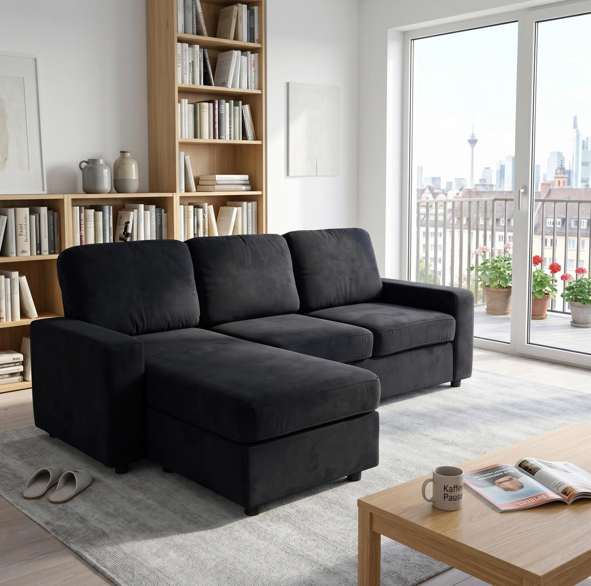 ECKSOFA 245,5/150,5/86,5 cm schwarz aus Polyester mit Stauraum - Schwarz, Kunststoff (245.5/150.5cm) - OKWISH