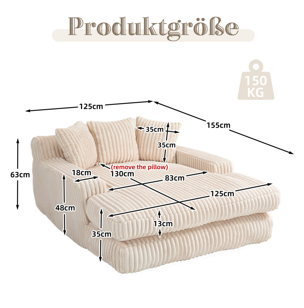 BIGSOFA 125/155/63 cm in Beige mit Chaiselongue aus Cord - Beige, Textil (63/125/155cm) - BEAOK