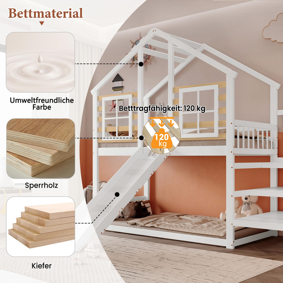 HAUSBETT 90/200 cm Weiß - Ahornfarben/Weiß, Holz/Holzwerkstoff - Raumix