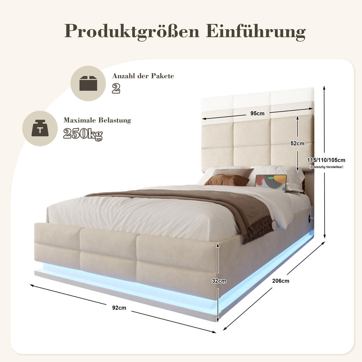 POLSTERBETT 90/200 cm mit LED-Beleuchtung, USB-Anschlüssen, hydraulischem Stauraum und verstellbarem Kopfteil, Beige - Beige, Textil (90/200cm) - Redom