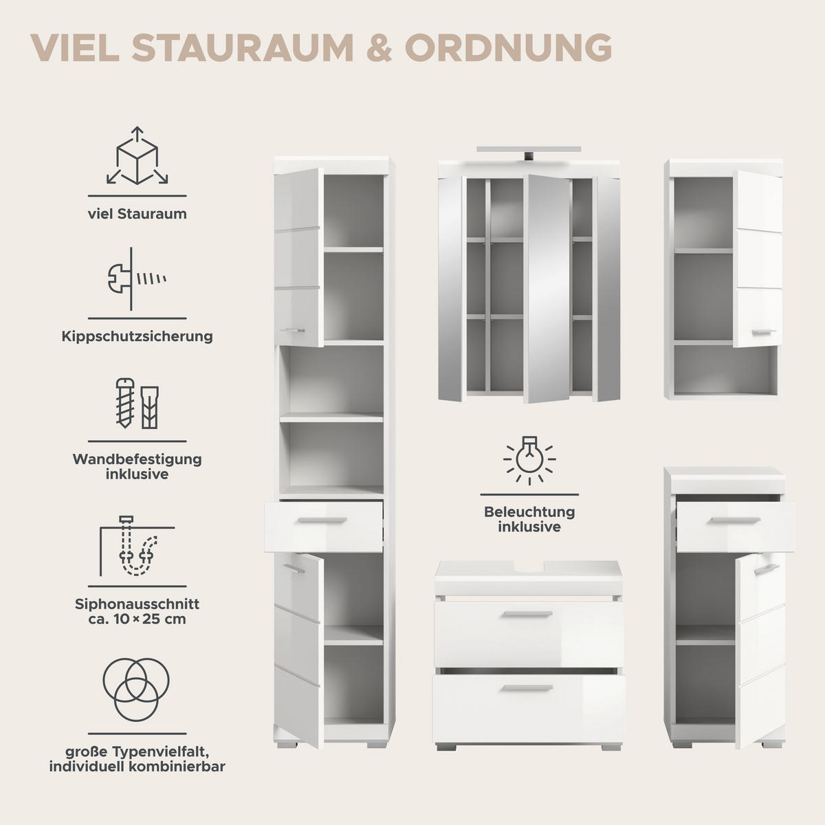 BADKOMBINATION 5tlg. Scout Bad in weiß Nachbildung und weiß hochglanz B/H/T: 164x191x34 cm - Weiß, Holz (164/191/37cm)