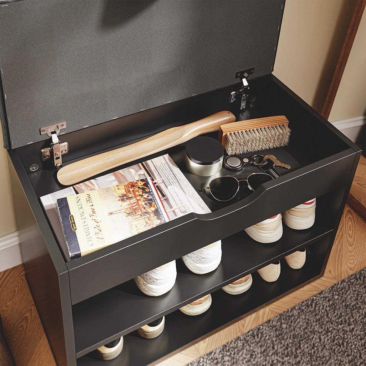 SCHUHBANK mit 2 Ablagen Schwarz 60x30x43cm Modern - Schwarz, Holzwerkstoff (30/43/60cm) - SoBuy