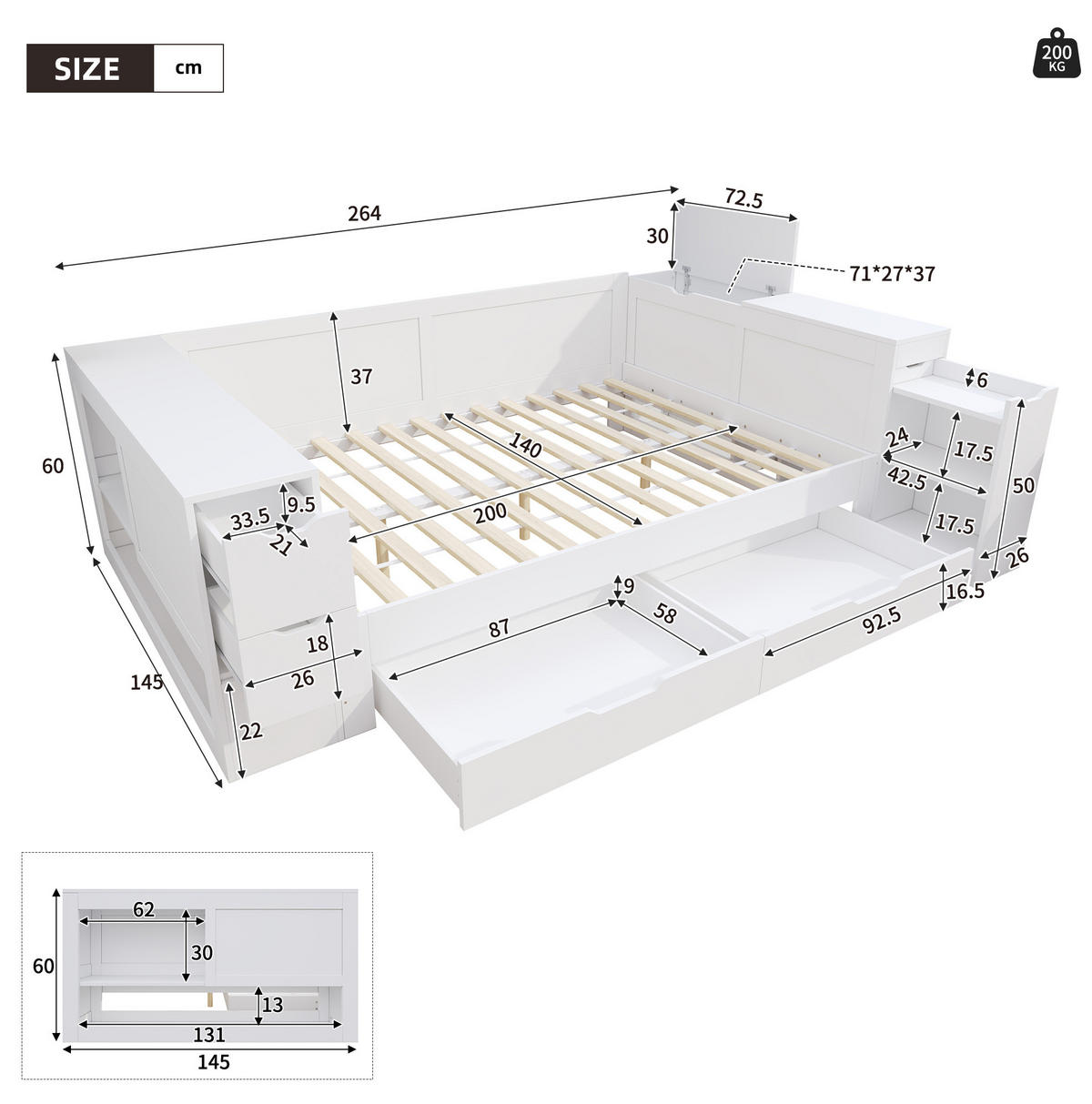 DETSKÁ posteľ 140/200 cm biela s úložným priestorom a nočným stolíkom z MDF - biela, kompozitné drevo (140/200cm) - OKWISH